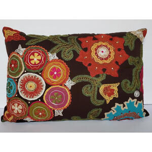 HIPPIE BOHO PILLOW BRIGHT BEADED & SEQUINED HAND STITCHED LUMBAR 12" X 18" EUC